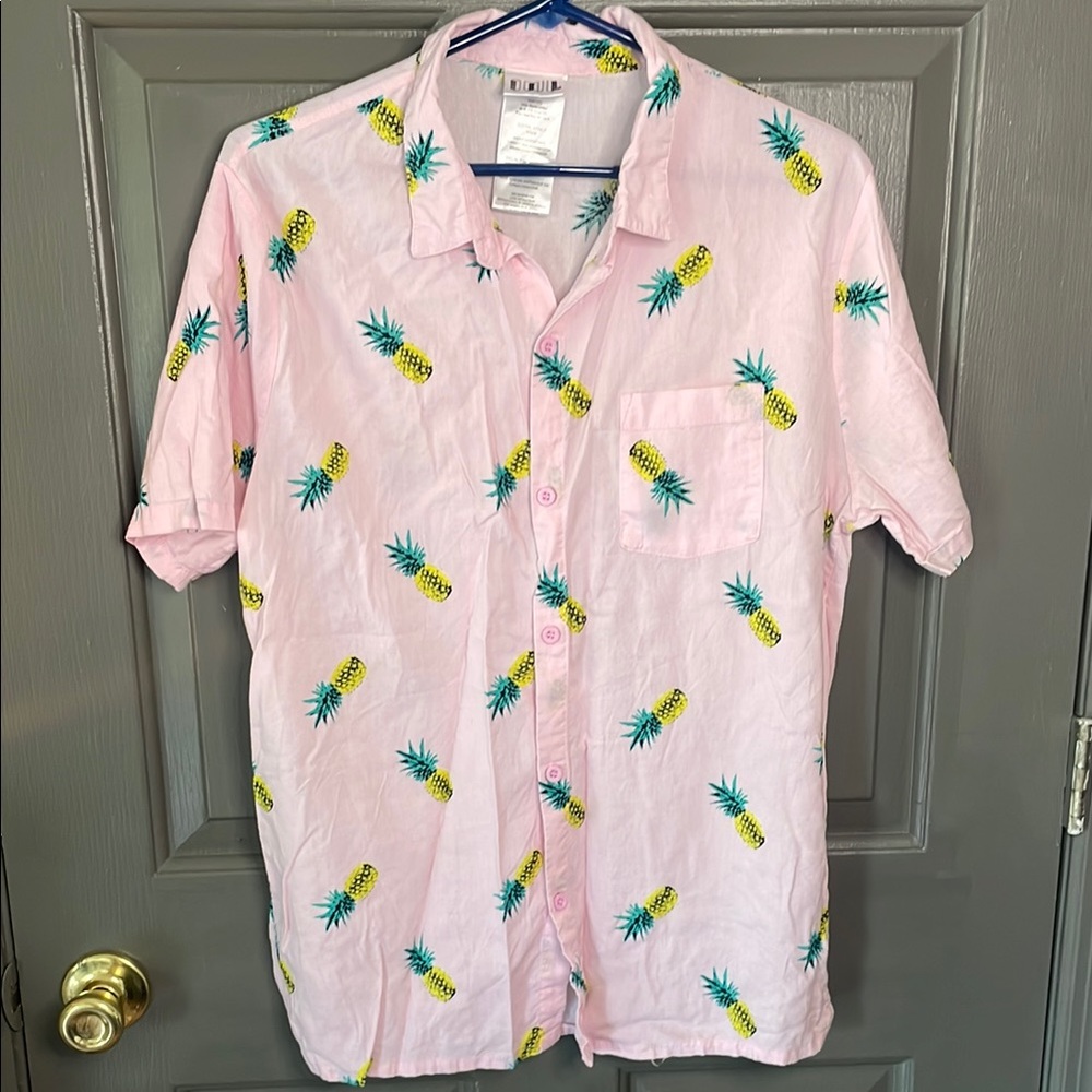 IML Light Pink Pineapple Print Men's Short Sleeve Button down  Shirt